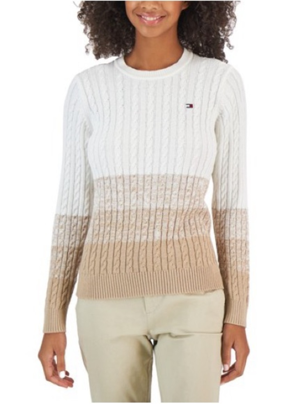 Tommy Hilfiger 100% Cotton Colorblock Cable-Knit Crewneck Sweater